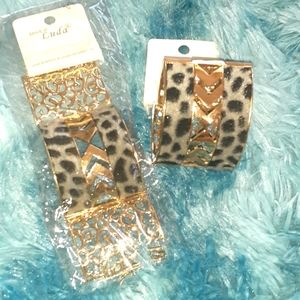 Cheetah Print Gray and Gold Bracelets with T-Shaped Clasp